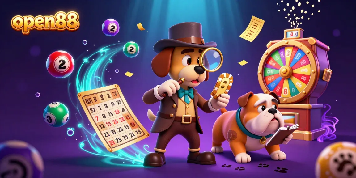 Examine the thrilling world of open88 with a cartoon detective uncovering poker treasures among vibrant casino elements.