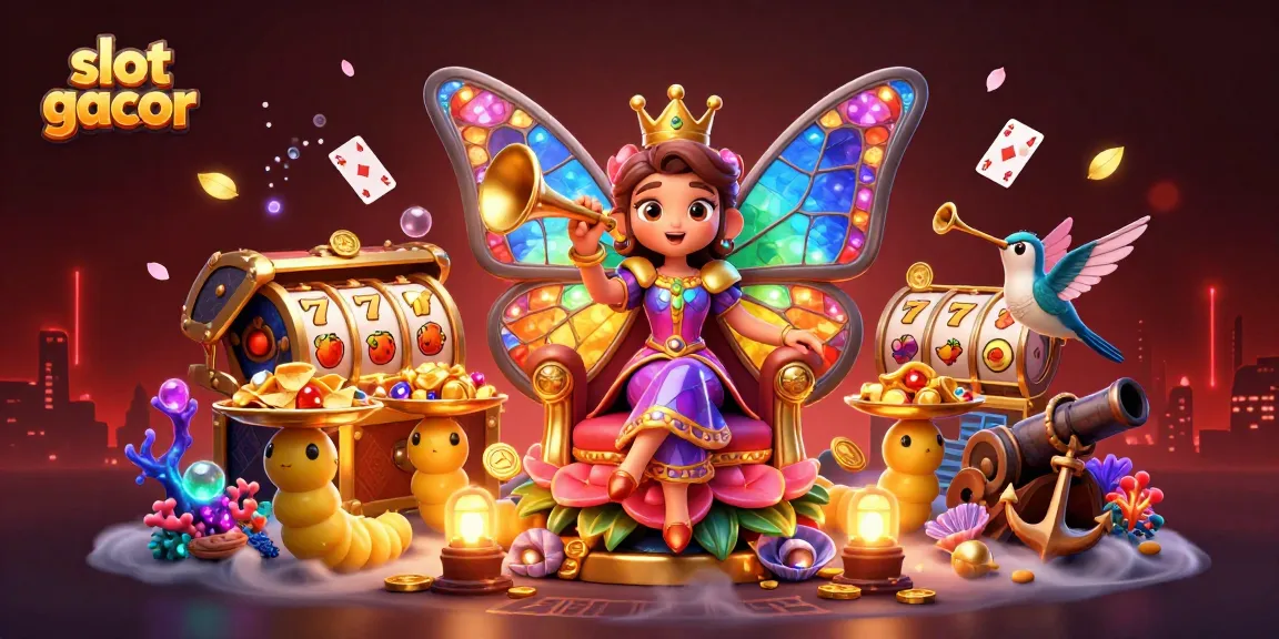 Menangkan slot gacor dengan ilustrasi ratu kupu-kupu yang megah dan simbol perjudian menarik.