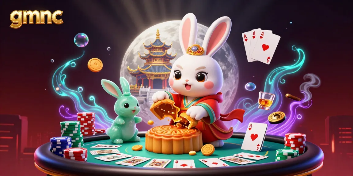 Experience the lunar-themed scene with gmnc where the moon rabbit reveals poker chips in an enchanting casino atmosphere.