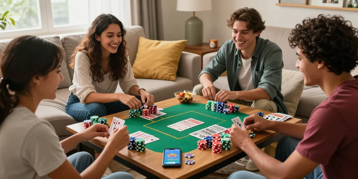 Friends enjoying a game of Teen Patti in a cozy living room with vibrant poker chips and cards.