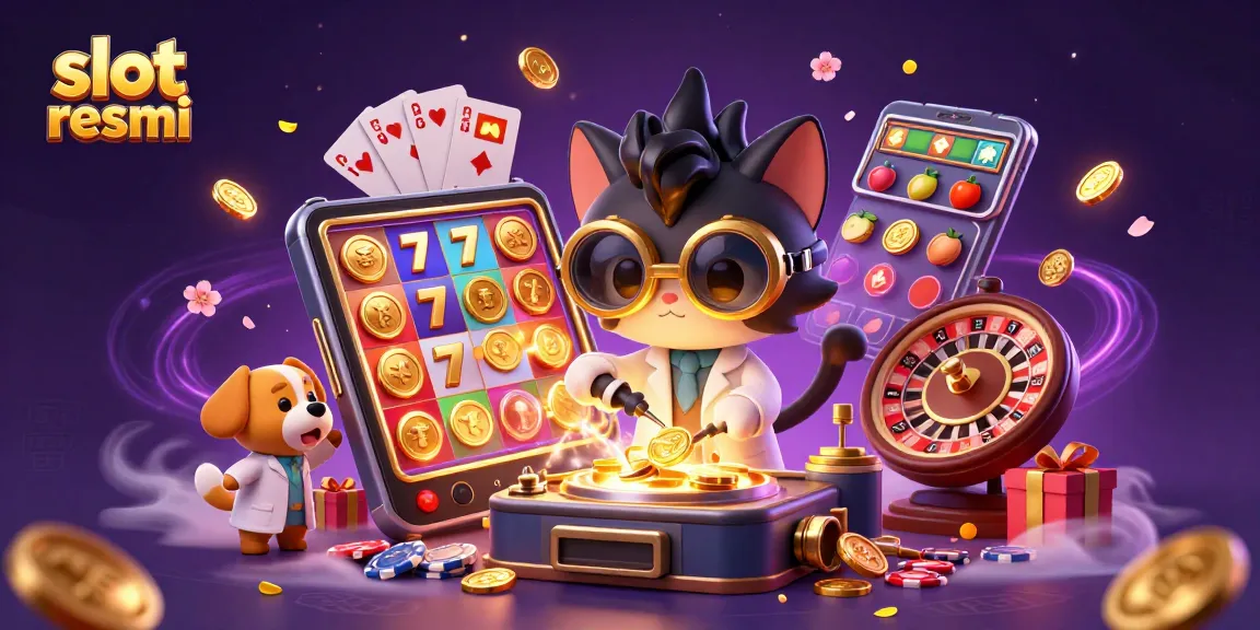 Slot resmi menggambarkan kucing ilmuwan gila dan anjing asisten di lab, menciptakan mesin replika koin emas.