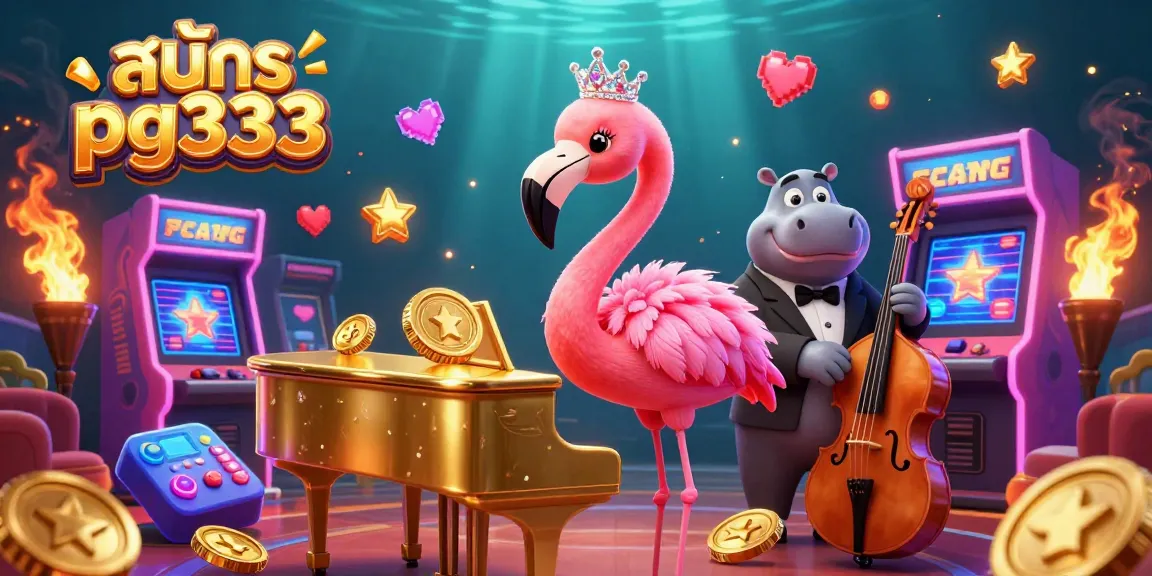 Engage in fun with the vibrant scene showcasing สมัคร pg333 featuring a flamingo singer and hippo bassist in a lively casino atmosphere.