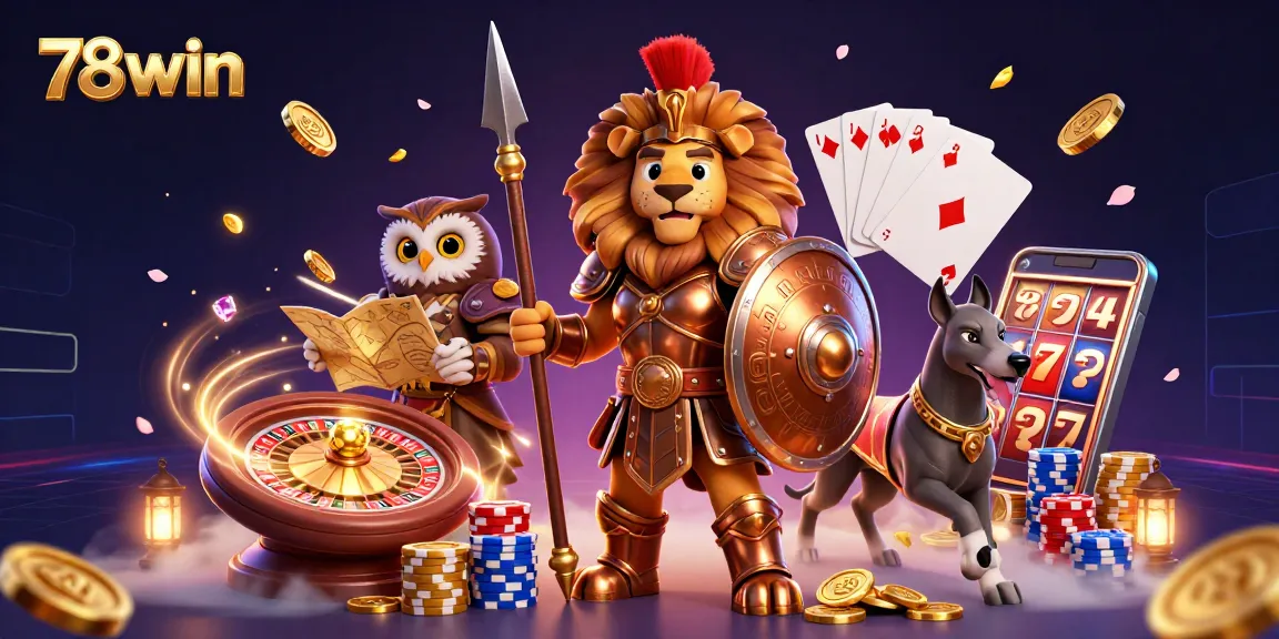 Experience thrilling gameplay at 78win with dynamic casino action, featuring a brave Spartan lion.