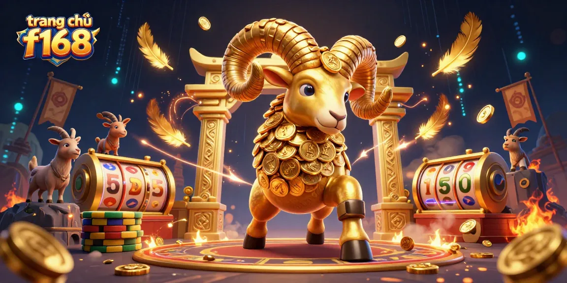 Experience the thrill of gambling at trang chủ f168 with a dynamic scene of a golden ram charging at a golden gate.