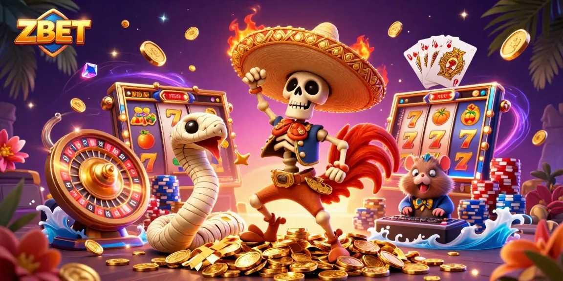 ZBET invites thrilling wins with a lively skeleton mariachi rooster surrounded by slot elements and gold coins.