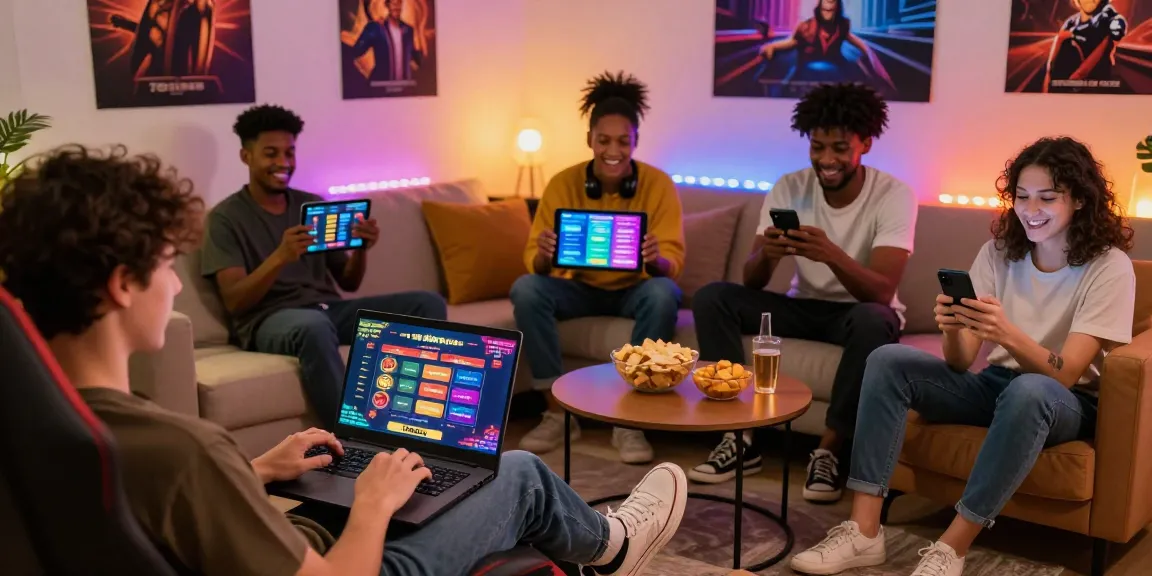 Engaged gamers enjoying 78win online gaming experience in a cozy setting with warm lighting and vibrant atmosphere.