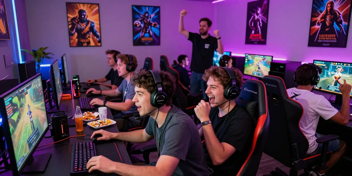 Gamers strategizing together in vibrant hitclub community scene.