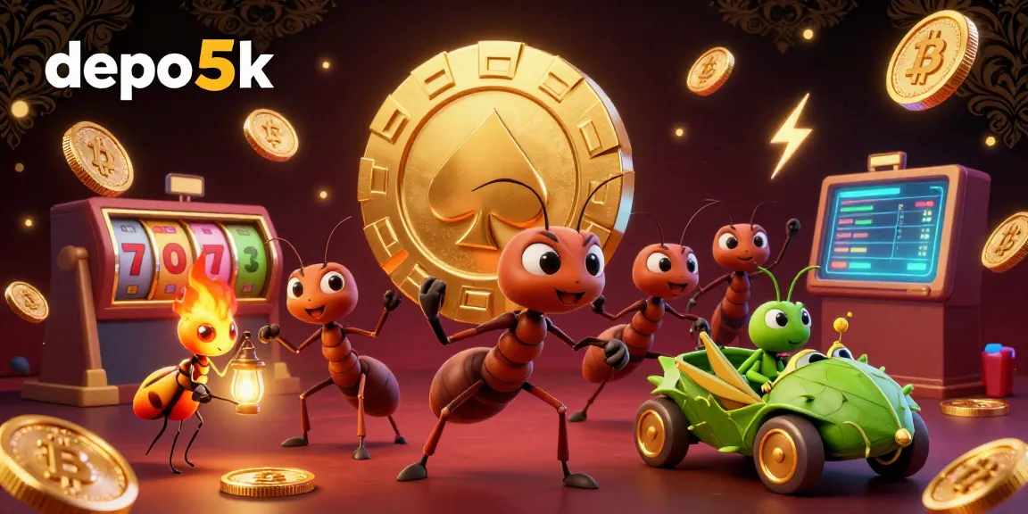 Engage with the thrilling atmosphere of depo 5k as animated ants navigate a golden poker chip heist.
