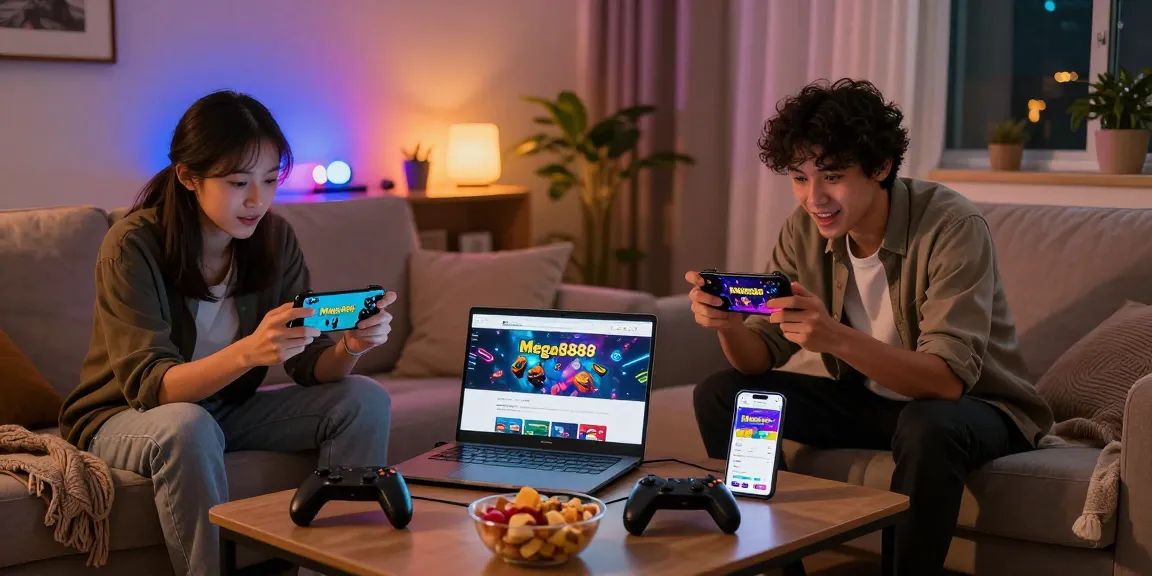 Mega888 download process in a cozy gaming setting with friends.