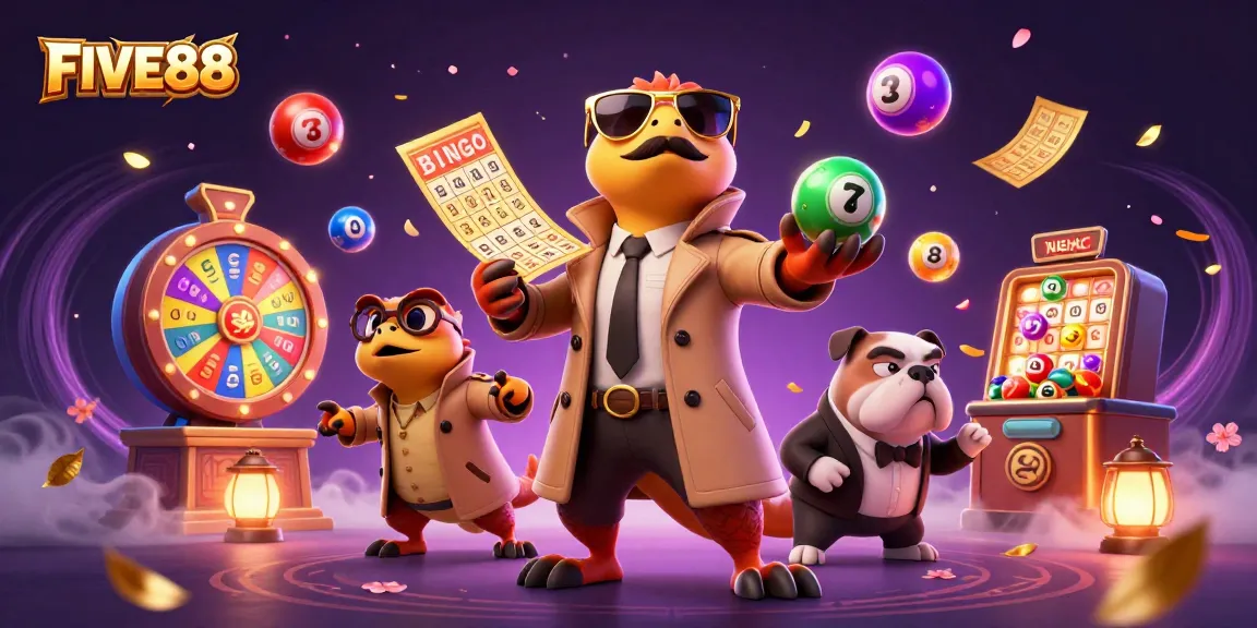Experience FIVE88's thrill with raptors in a trench coat navigating a casino scene full of excitement.