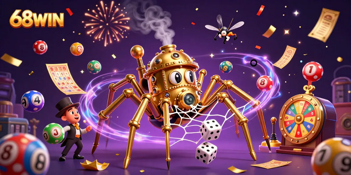 Engage with the thrilling world of 68WIN, where a steampunk spider weaves luck with vibrant lottery balls.