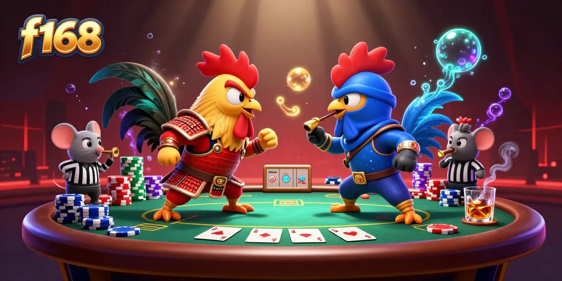 Experience the thrill of f168 as fighting roosters battle amidst vibrant casino elements.